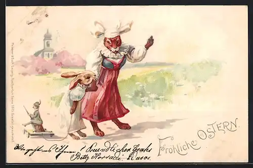 Künstler-AK Osterhasen-Mutter hält ihr Kind an der Hand