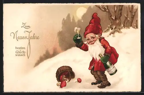 Künstler-AK Zwerg stösst auf das neue Jahr an