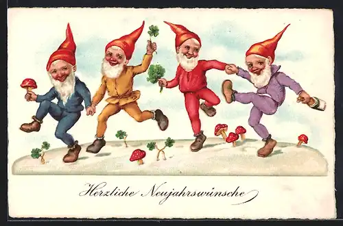 AK Tanzende Wichtel, Gnome, Zwerge zu Neujahr