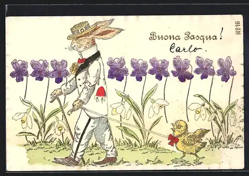 AK Osterhase mit Osterküken an der Leine