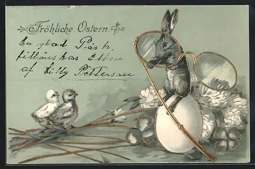 AK Osterhase blickt durch eine Brille