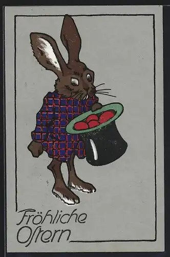 AK Osterhase mit Zylinder und Ostereiern