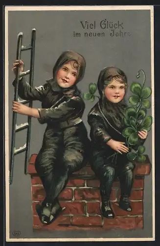 AK Schornsteinfeger auf Schornstein mit Leiter & Klee