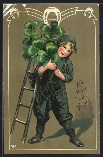 AK Viel Glück im neuen Jahre, Kleiner Schornsteinfeger mit Klee