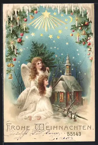 Lithographie Weihnachtsengel vor einer Kirche