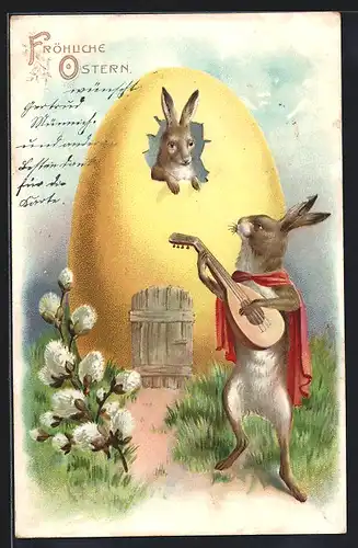 AK Osterhase spielt einem Hasen, der aus dem Osterei schaut ein Ständchen auf der Laute