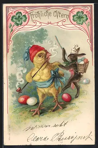 AK Osterhase und Küken rauchen Pfeife