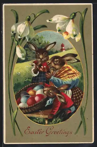 AK Osterhase und Häsinnen mit Osterkorb, Ostergruss