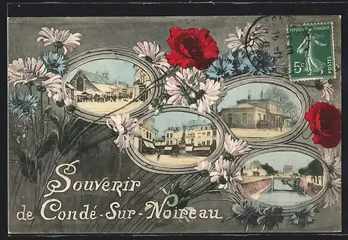 AK Condé-sur-Noireau, Ortsansichten mit Blumen