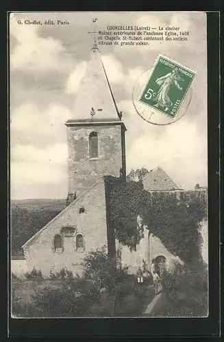 AK Courcelles, Le clocher, Ruines extérieures de l`ancienne Eglise et Chapelle St-Hubert