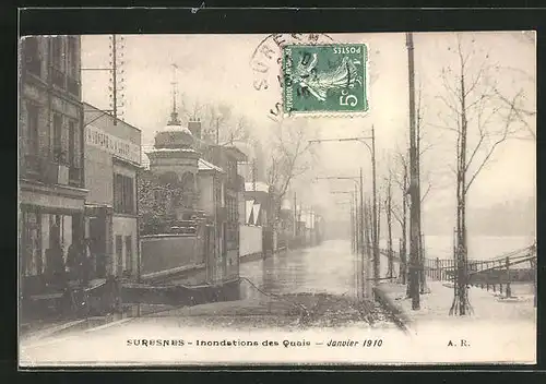 AK Suresnes, Inondations des quais 1910, Une rue, Strassenpartie