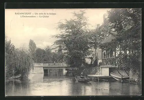 AK Bazancourt, Un coin de la Suippe, Ortspartie mit Fluss und Brücke