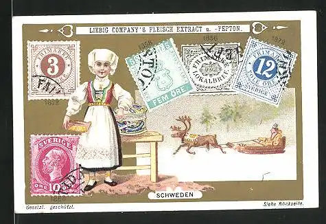 Sammelbild Liebig, Liebig Company`s Fleisch-Extract u.- Pepton, Frau in Tracht und Briefmarken aus Schweden