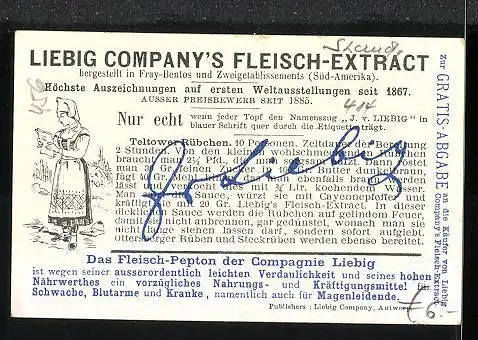 Sammelbild Liebig, Liebig Company`s Fleisch-Extract u.- Pepton, Frau in Tracht und Briefmarken aus Schweden