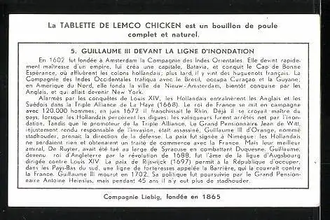Sammelbild Liebig, Bouillon Oxo, Histoire des Pays-Bas: 5. Guillaume III. devant la ligne d`inondation