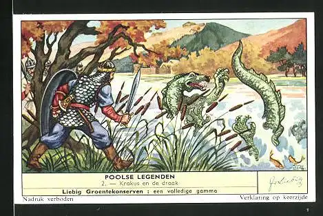 Sammelbild Liebig, Groentekonserven, Poolse Legenden: 2. Krakus en de draak, Ritter und Drache