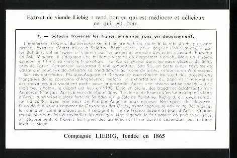 Sammelbild Liebig, Saladin traverse les lignes ennemies sous un dèguisement