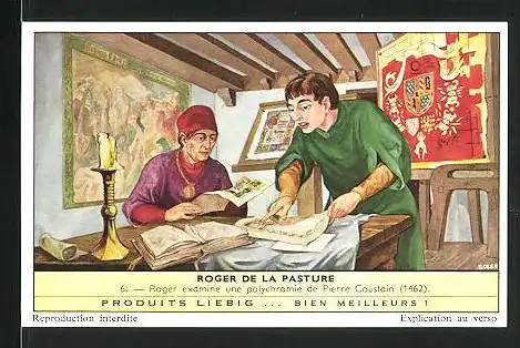 Sammelbild Liebig, Roger de la Pasture - Roger examine une pölychromie de Pierre Coustain
