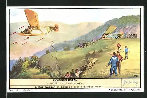 Sammelbild Liebig, Zweevliegen - Start met rubberkabel
