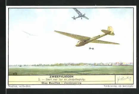 Sammelbild Liebig, Zweevliegen - Start met lier en sleepvliegtuig
