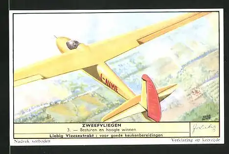 Sammelbild Liebig, Zweefvliegen, besturen en hoogte winnen, Flugzeug I-AVME über der Stadt