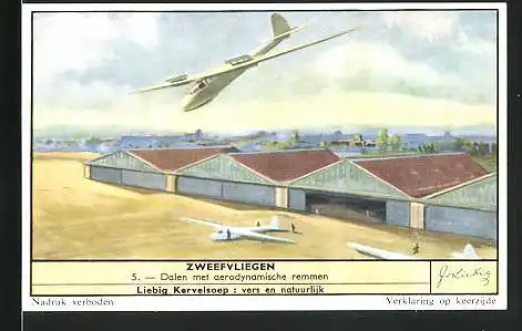 Sammelbild Liebig, Zweefvliegen, Dalen met aerodynamische remme, Flugzeuge auf dem Flugplatz