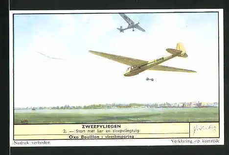 Sammelbild Liebig, Zweefvliegen, Start met lier en sleepvliegtuig, Flugzeuge am Himmel