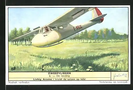 Sammelbild Liebig, Zweefvliegen, de landing, Landung des Flugzeuges I-AECC