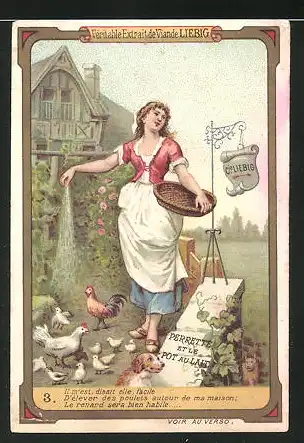Sammelbild Liebig, Perrette et le Pot au Lait, Bäuerin füttert Hühner