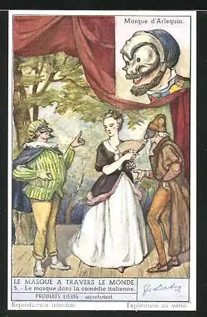 Sammelbild Liebig, Le Masque a Travers le Monde, Masque d'Arlequin, maskierte Darsteller auf einer Bühne