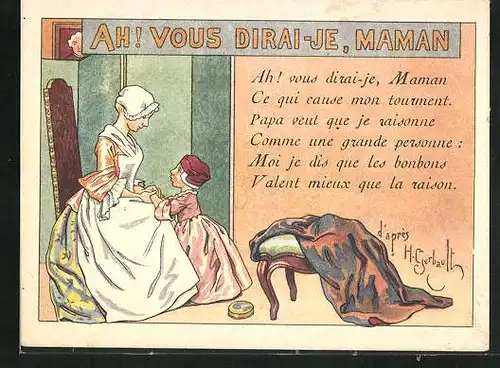 Sammelbild Ricolés, l'Alcool de Menthe, Ah! vous dirai-je, Maman, Mädchen kniet vor der Mutter