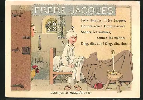 Sammelbild Ricolés, l'Alcool de Menthe, Frére Jacques, Knabe findet im Bett keinen Schlaf