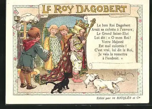 Sammelbild Ricolés, l'Alcool de Menthe, le Roy Dagobert, König trägt die Hosen falsch herum, Kinder lachen