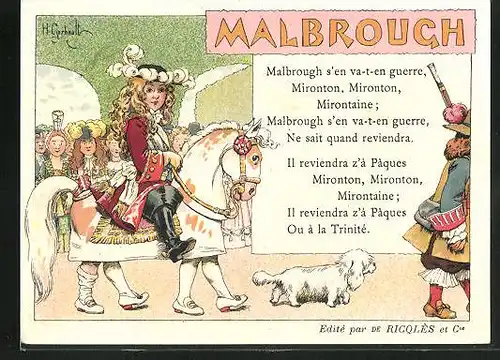Sammelbild Ricolés, l'Alcool de Menthe, Malbrough, König reitet auf einem Pferd am Volk vorbei