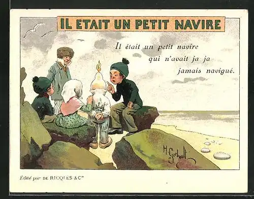Sammelbild Ricolés, l'Alcool de Menthe, Il etait un Petit Navire, Kinder am Strand auf Felsen sitzend
