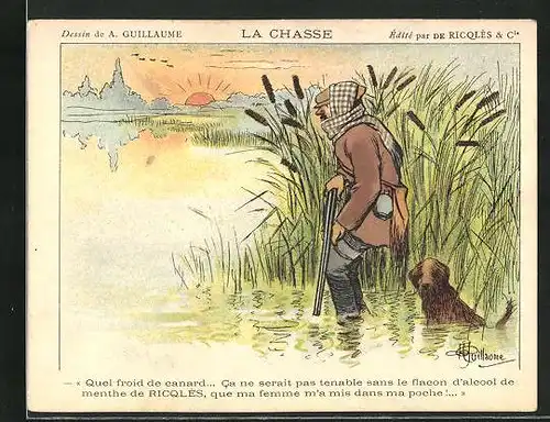 Sammelbild Ricolés, l'Alcool de Menthe, La Chasse, Jäger mit Hund am Seeufer auf der Pirsch