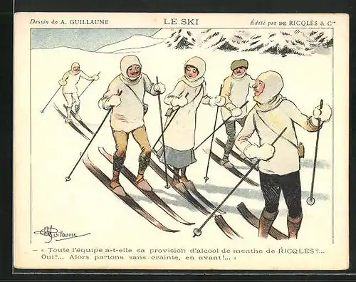 Sammelbild Ricolés, l'Alcool de Menthe, Le Ski, Gruppe Skifahrer