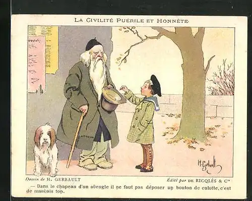 Sammelbild Ricolés, l'Alcool de Menthe, la Civilité Puérile et Honnéte, Knabe gibt einem Bettler eine Geldmünze