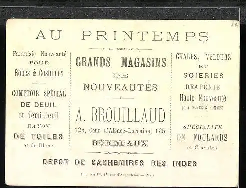 Kaufmannsbild Bordeaux, Au Printemps, Grands Magasins de Nouveautès A.Brouillaud, Dèpartement des Landes