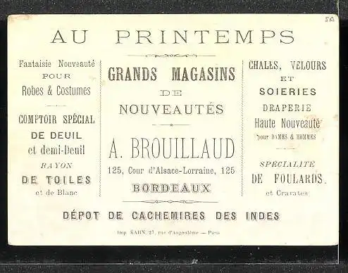 Kaufmannsbild Bordeaux, Au Printemps, Grands Magasins de Nouveautès A.Brouillaud, Dèpartement de la Sarthe, Wappen