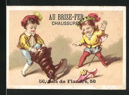 Kaufmannsbild Au Brise-Fer, Chaussures, Kinder mit übergrossen Schuhen