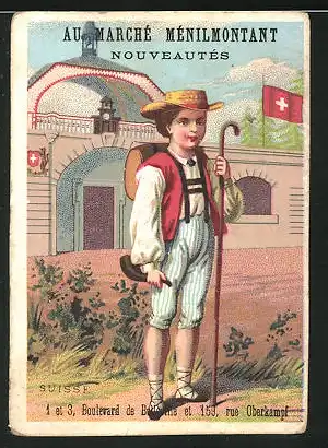 Kaufmannsbild Belleville, Au Marchè Mènilmontant Nouveautès, schweizer Junge in Tracht