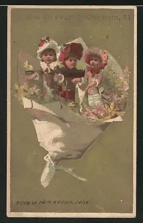 Kaufmannsbild Chapeaux Anglais, Kinder auf einem Blumenstrauss