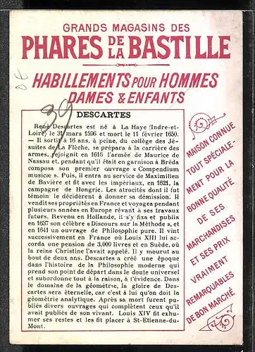 Kaufmannsbild Phares de la Bastille - Maison Vendant Bon Marchè Porträt Descartes - voir au verso la Biographie
