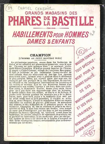 Kaufmannsbild Phares de la Bastille, Maison Vendant Bon Marchè, Porträt Champion, Voir au verso la Biographie