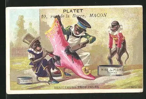 Kaufmannsbild Macon, Platet, Serviteurs Trop Zèles, Affen putzen einen Damenschuh