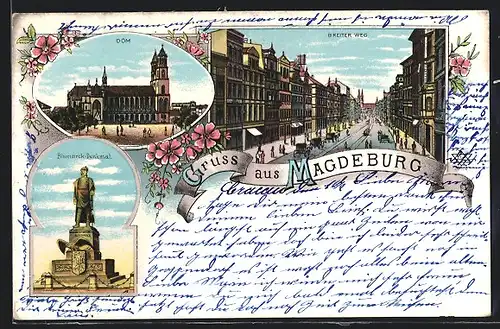 Lithographie Magdeburg, Dom, Breiter Weg, Bismarck-Denkmal
