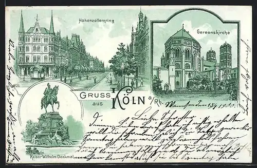 Lithographie Köln, Hohenzollernring, Gereonskirche, Kaiser Wilhelm Denkmal