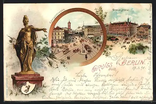 Lithographie Berlin, Grand-Hotel, Strassenbahnen an der Königsstrasse
