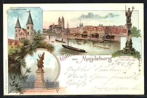 Lithographie Magdeburg, Teilansicht vom Wasser aus, Denkmal im Herrenkruge